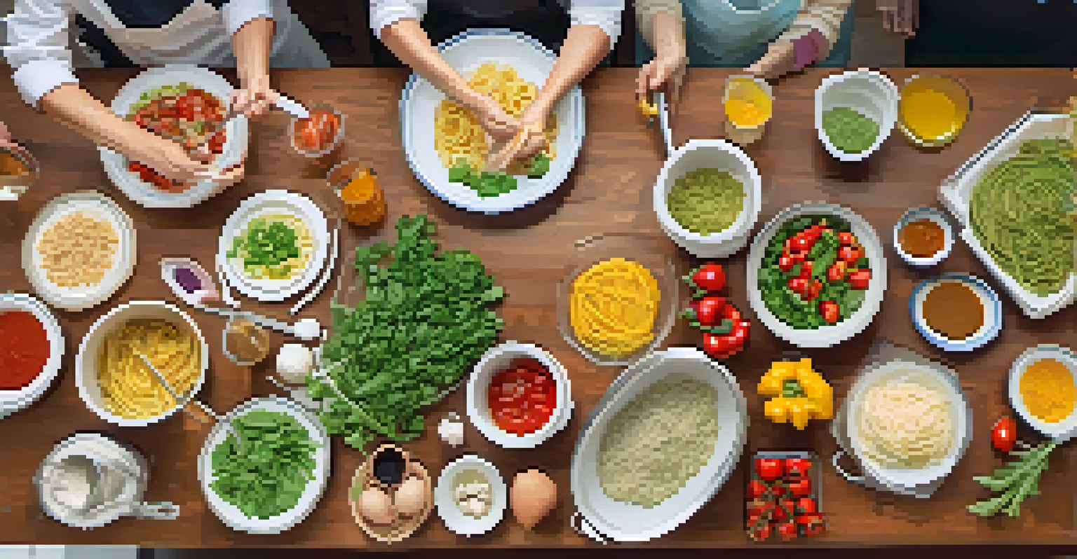 An overhead view of an Italian cooking class in session, with participants preparing dishes and an instructor guiding under bright natural lighting.