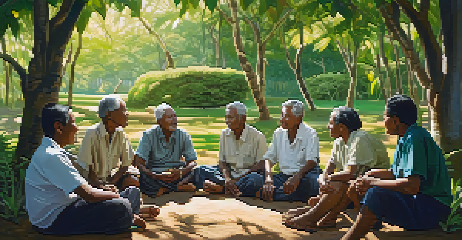 Community elders sharing oral traditions with tourists in a lush outdoor setting, showcasing rich expressions and a sense of connection.