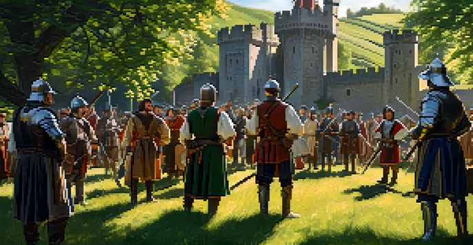 A group of medieval reenactors in a green field near a castle, discussing and holding swords and shields.