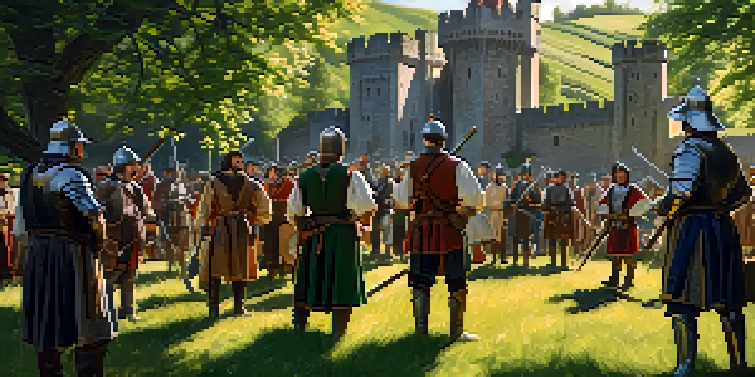 A group of medieval reenactors in a green field near a castle, discussing and holding swords and shields.