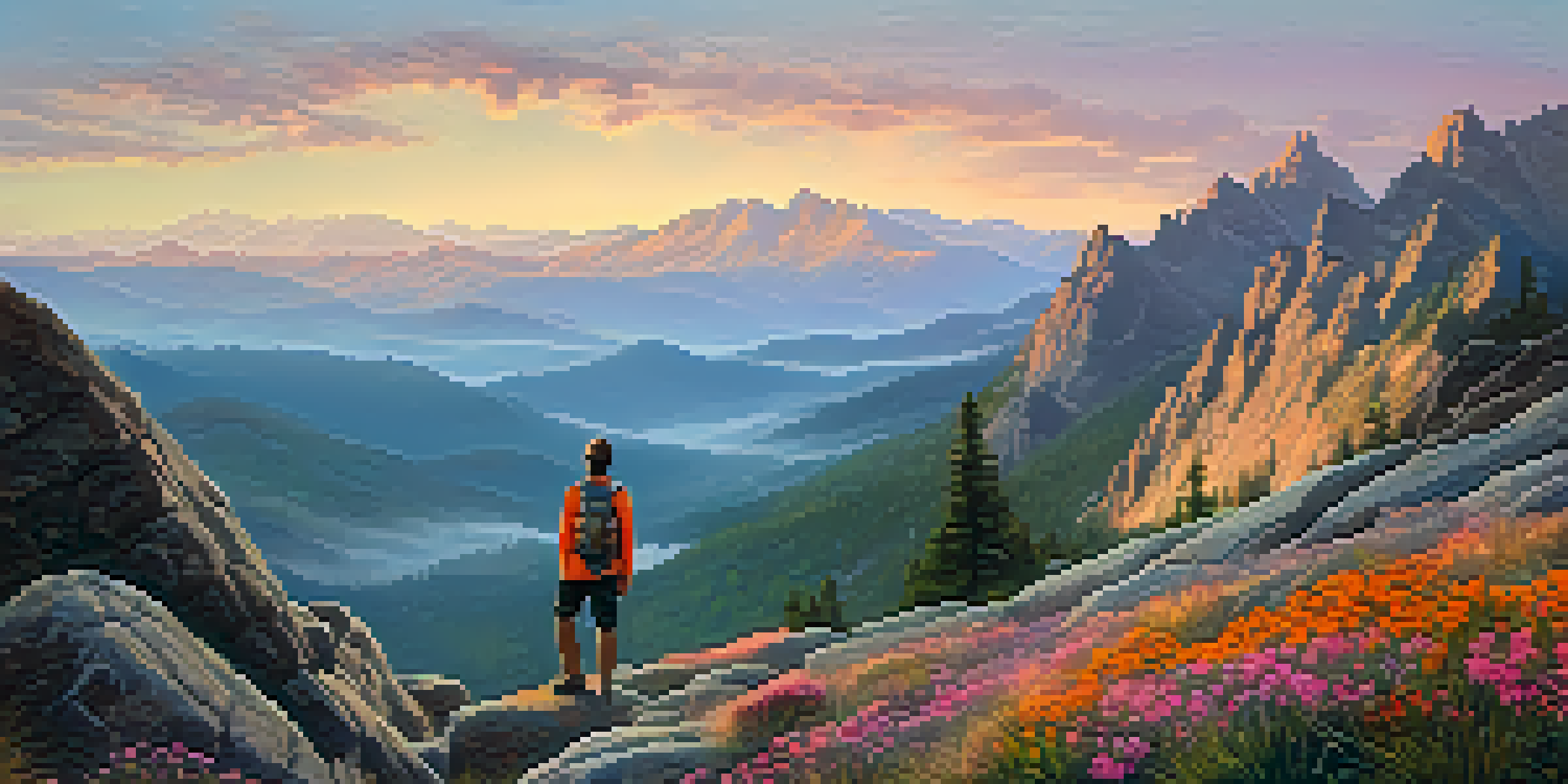 A hiker standing on a rocky outcrop, overlooking a misty valley at sunrise with mountains in the background and colorful wildflowers in the foreground.