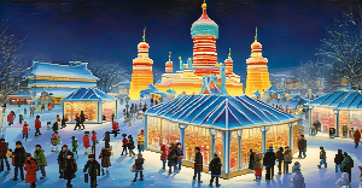 A winter festival with beautiful ice sculptures and glowing lights, with people enjoying hot cocoa and cultural performances.
