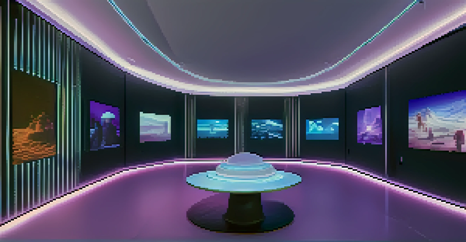 Visitors wearing VR headsets at a futuristic art exhibition, engaging with a digital representation of a traditional ceremony in a modern space.