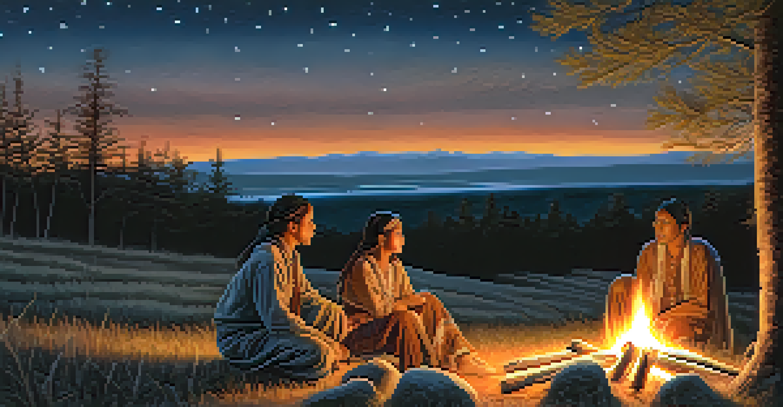 A Cherokee family around a campfire at twilight, sharing stories during their journey on the Trail of Tears, showcasing resilience.