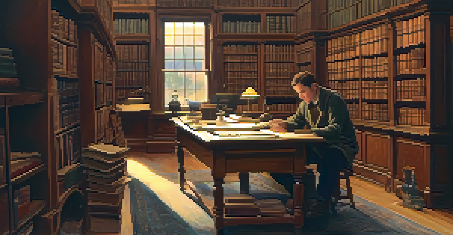 A volunteer sitting at a wooden table in a historical archive, cataloging artifacts surrounded by shelves filled with old books and documents, illuminated by soft lighting.