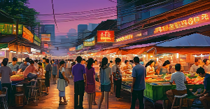 A lively street food market in Bangkok with colorful stalls and glowing lanterns, showcasing various dishes and a bustling crowd.