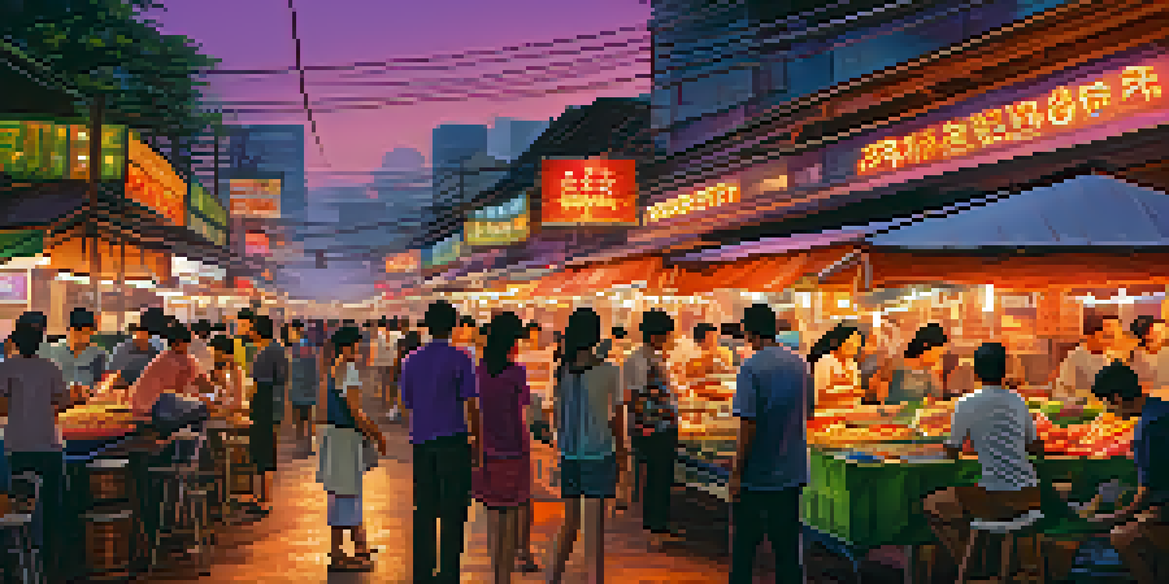 A lively street food market in Bangkok with colorful stalls and glowing lanterns, showcasing various dishes and a bustling crowd.