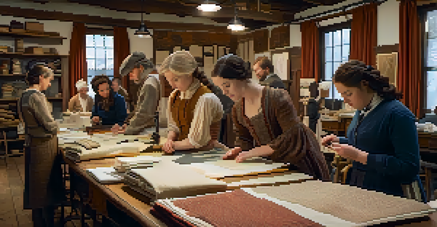 A group of reenactors collaborates in a workshop, sharing sewing techniques and discussing costume design materials.