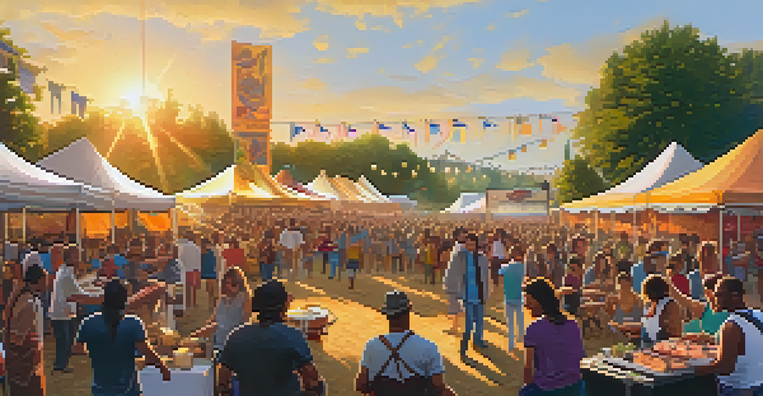 A vibrant outdoor music festival scene with a diverse crowd enjoying live performances as the sun sets, creating a golden atmosphere.