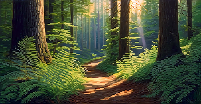 A peaceful forest scene with sunlight filtering through trees and a path lined with ferns.
