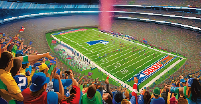 A lively Super Bowl stadium with enthusiastic fans in colorful jerseys, waving flags and confetti in the air.