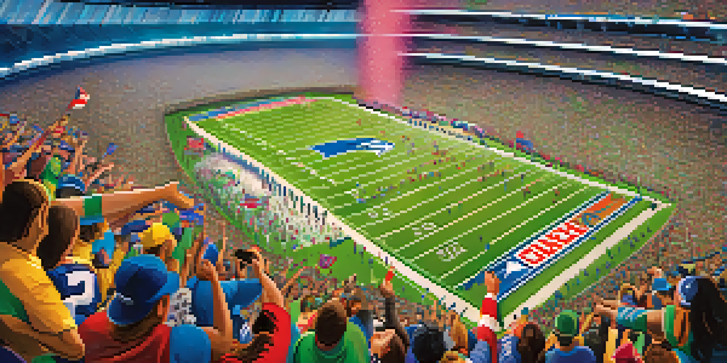 A lively Super Bowl stadium with enthusiastic fans in colorful jerseys, waving flags and confetti in the air.