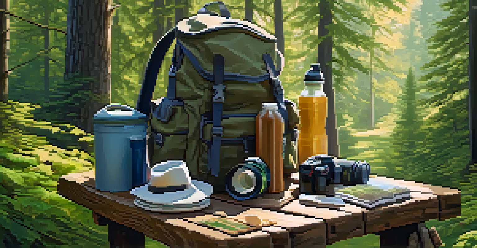A backpack with hiking gear on a picnic table in a forest with sunlight filtering through the trees.