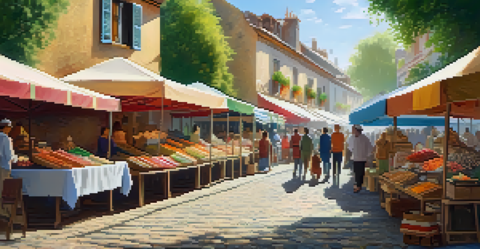 A lively artisan market with colorful stalls, shoppers browsing unique handmade items, and artisans interacting with customers under bright sunlight.