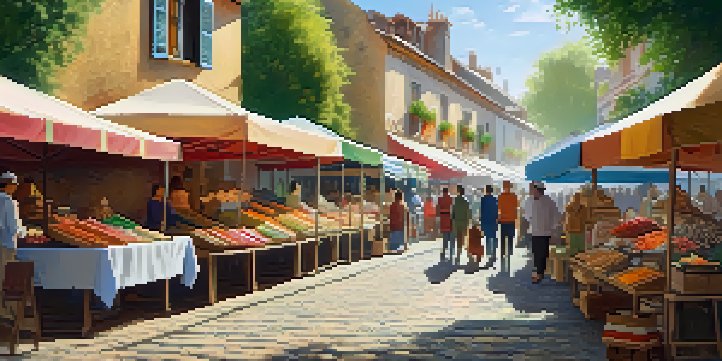 A lively artisan market with colorful stalls, shoppers browsing unique handmade items, and artisans interacting with customers under bright sunlight.