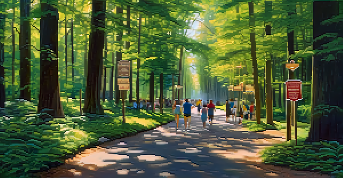 A diverse group of people walking along a cultural trail in a green forest with sunlight filtering through the trees.