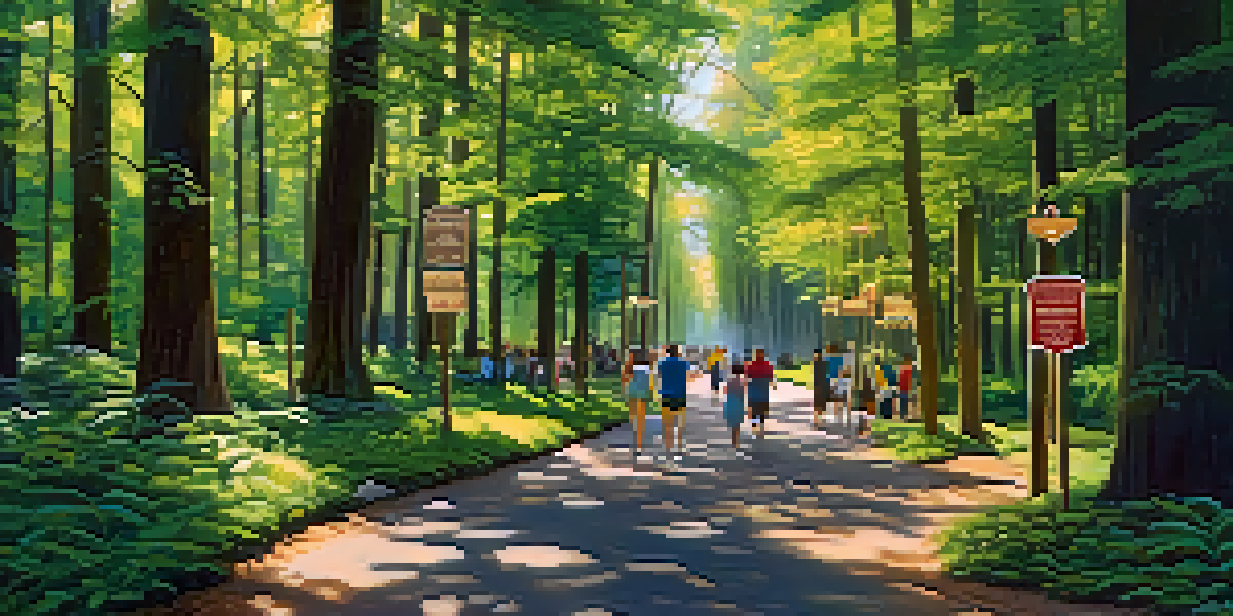 A diverse group of people walking along a cultural trail in a green forest with sunlight filtering through the trees.