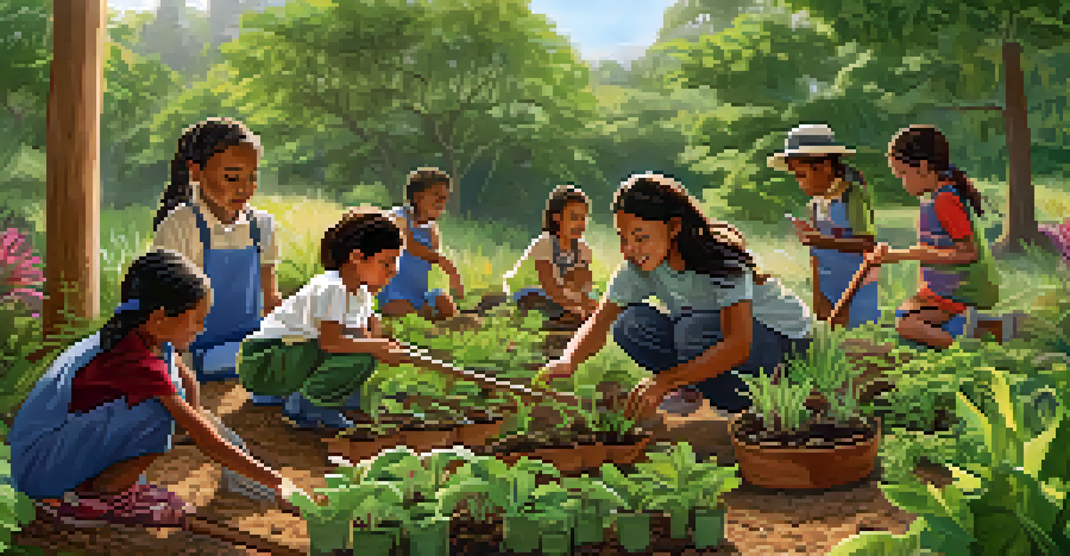 Children planting native plants in a community garden, guided by an Indigenous leader, surrounded by lush greenery.