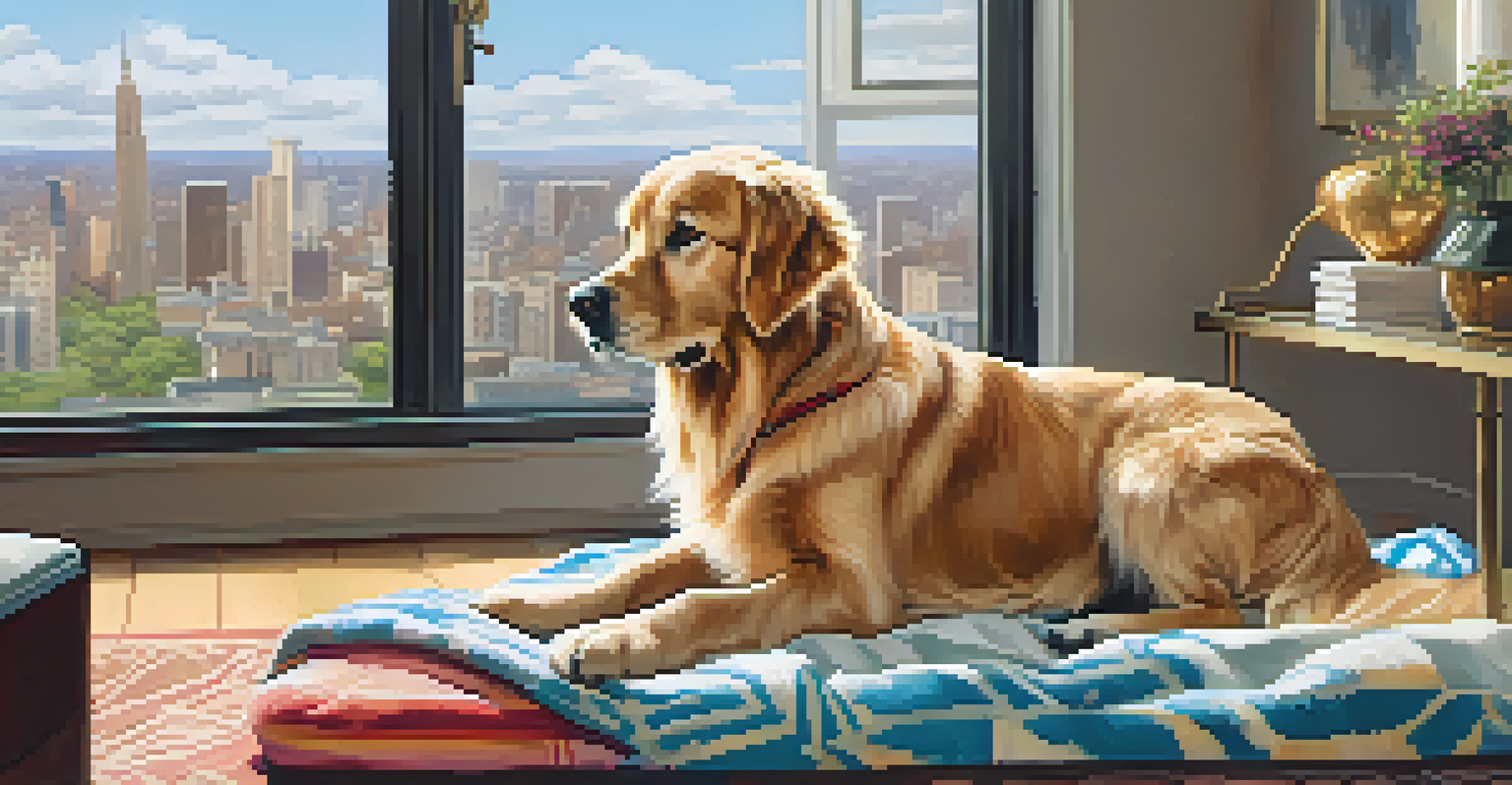 A golden retriever exploring a hotel room, with a dog bed and familiar toys in a bright and inviting space.