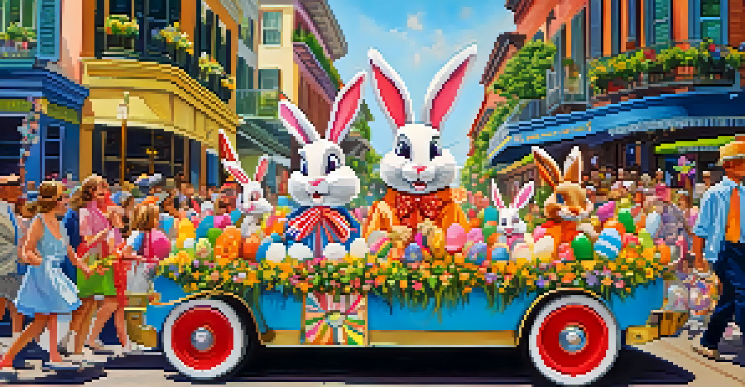 A colorful Easter Bunny Parade in New Orleans with floats, costumes, and excited spectators enjoying the festive atmosphere.