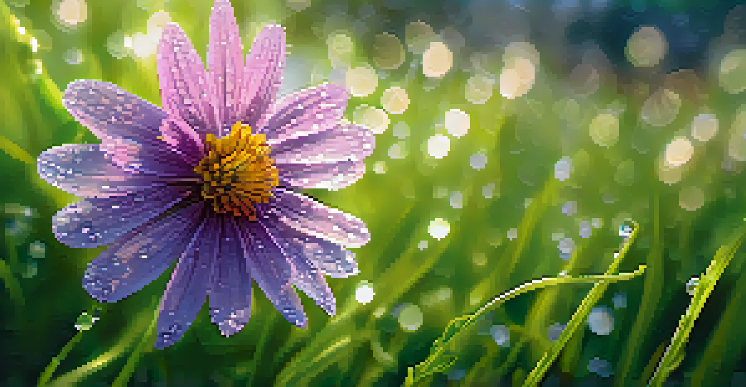 A detailed close-up of a wildflower with dew drops in a green meadow, softly illuminated by sunlight.