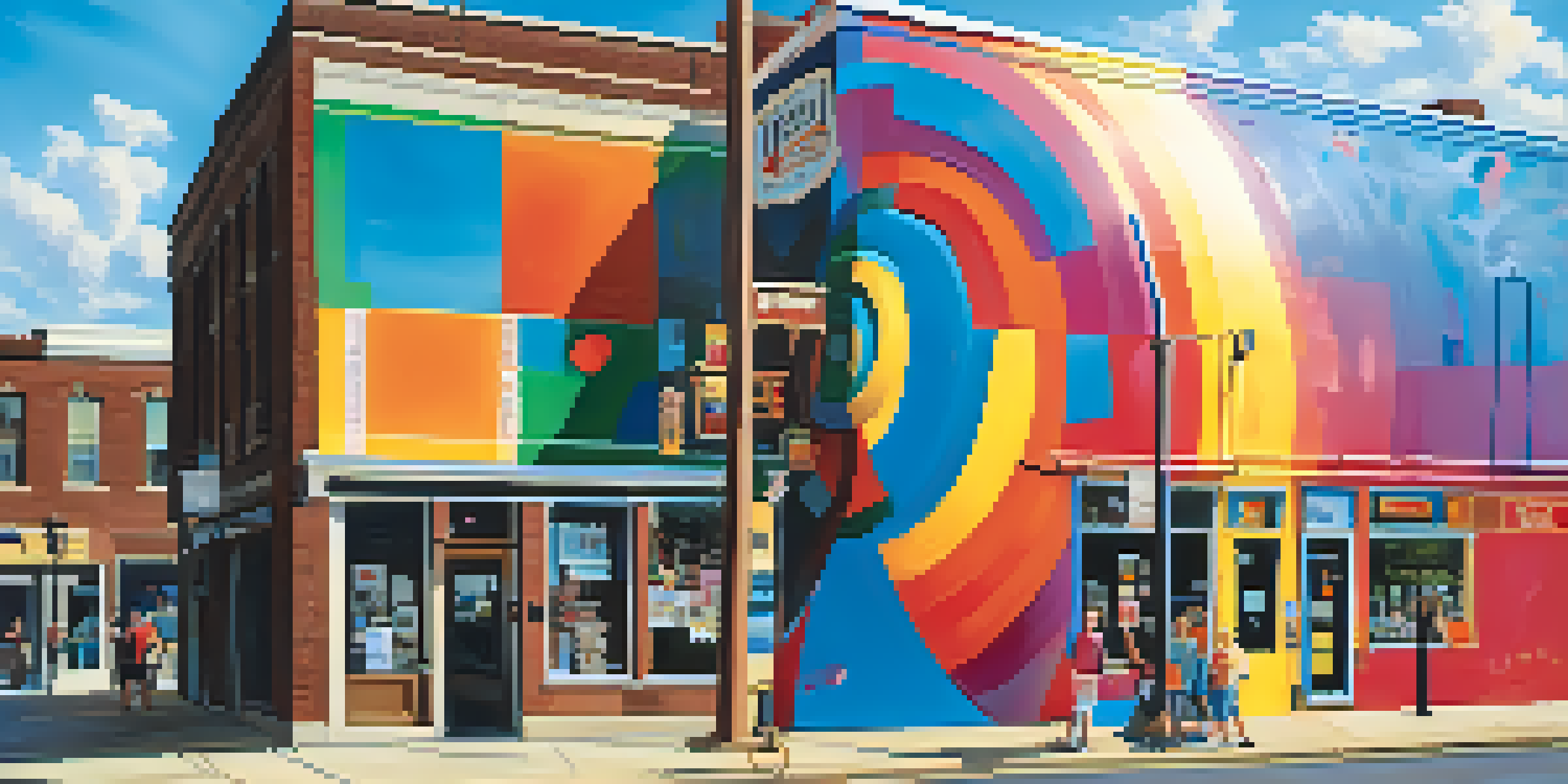 A large, colorful ball covered in paint with people adding more layers around it under a blue sky.