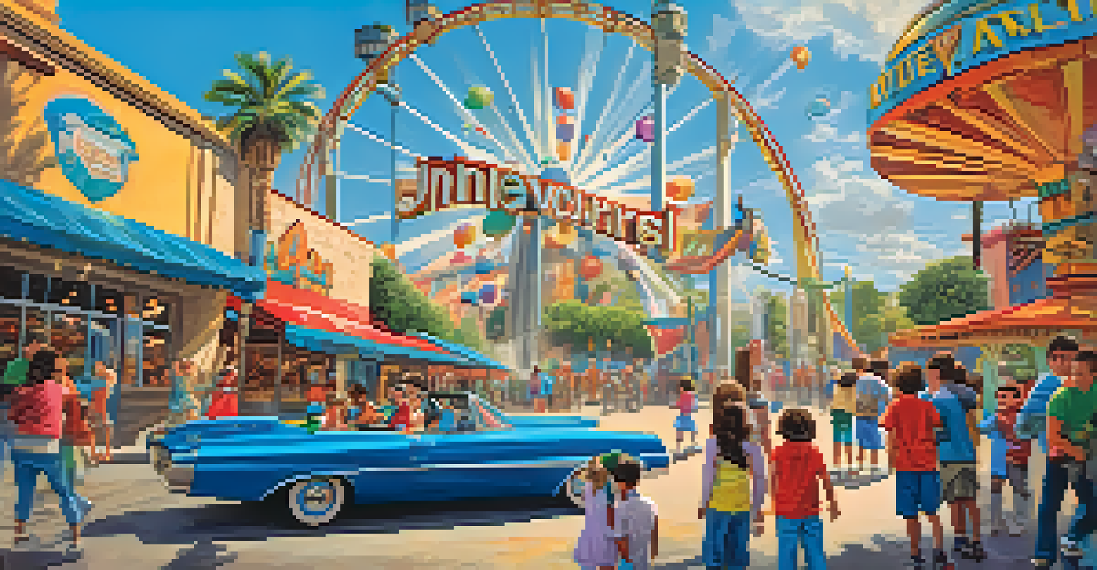 Children enjoying a thrilling ride at Universal Studios Hollywood, surrounded by movie sets and colorful decorations.