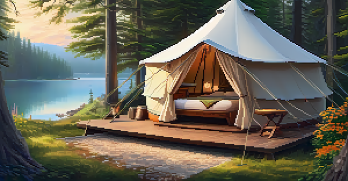 A glamping tent in a forest setting with a cozy bed and a view of a lake.