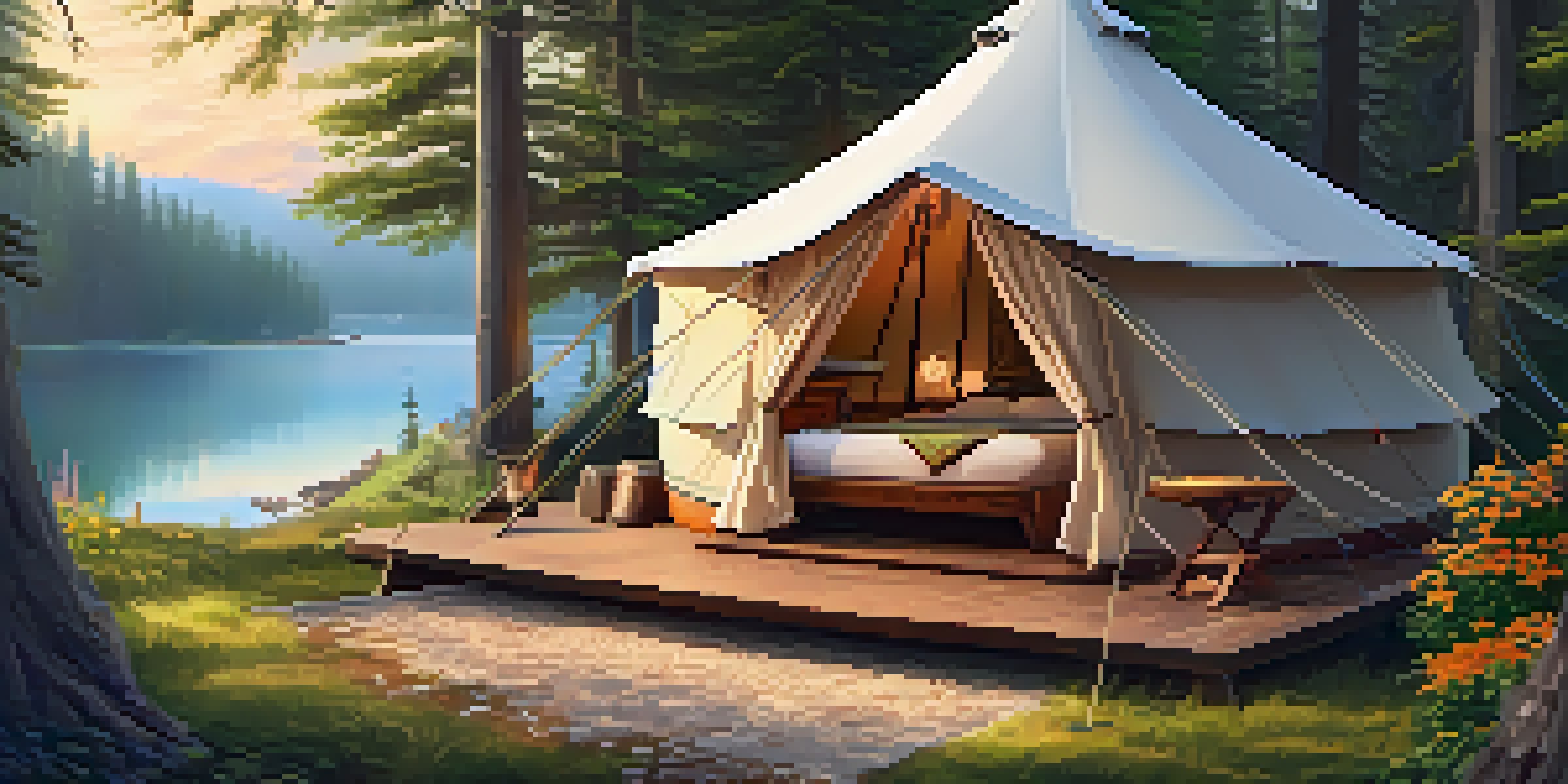 A glamping tent in a forest setting with a cozy bed and a view of a lake.