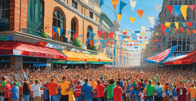 A lively street filled with enthusiastic sports fans, colorful jerseys, and city landmarks in the background, celebrating a major sporting event.