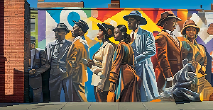 A colorful street mural illustrating the Harlem Renaissance with diverse historical figures against an urban backdrop.