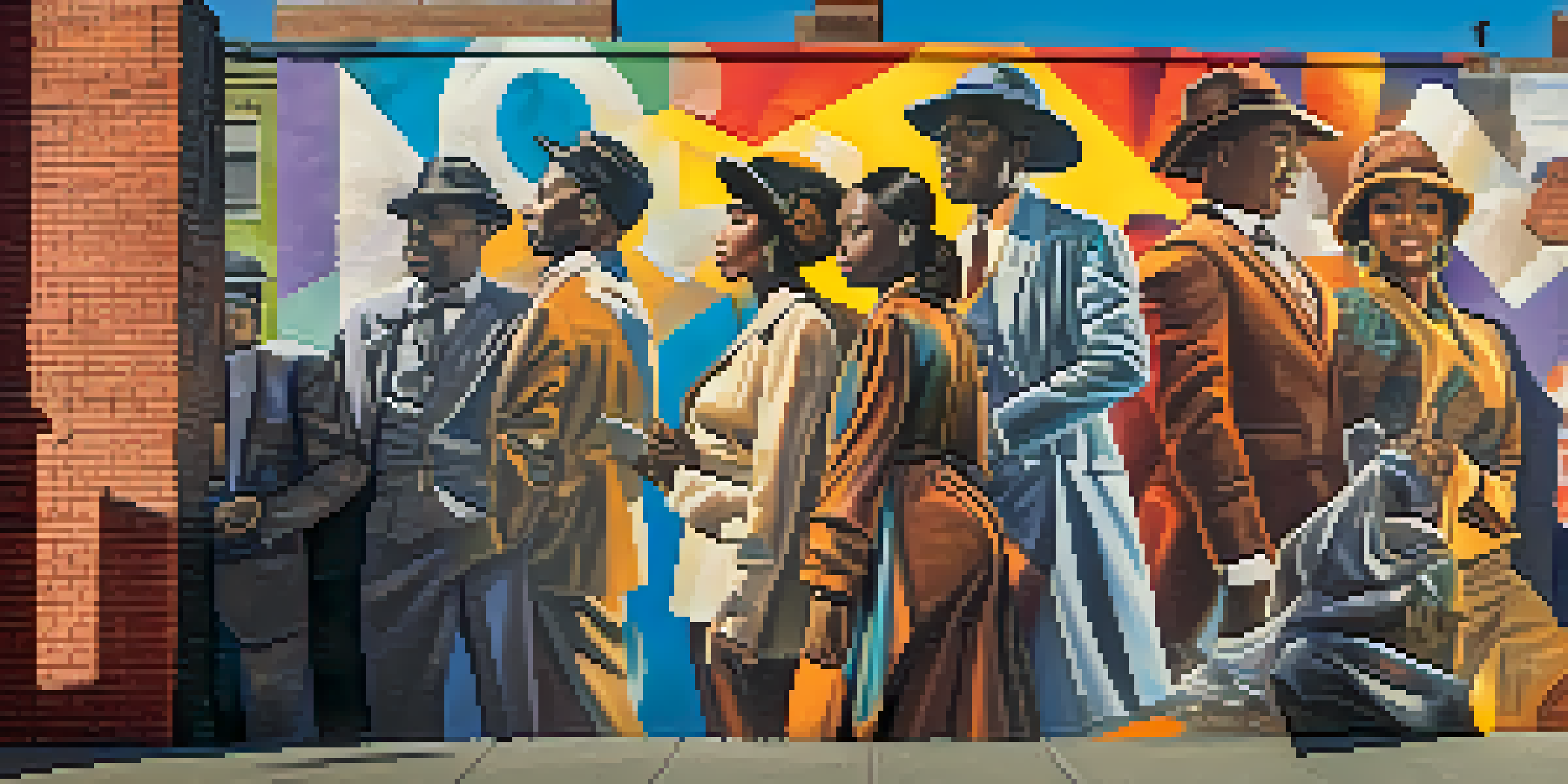 A colorful street mural illustrating the Harlem Renaissance with diverse historical figures against an urban backdrop.