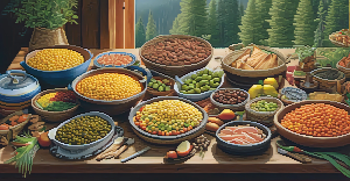 A traditional Native American feast with dishes like succotash and smoked salmon, displayed on a rustic wooden table surrounded by herbs and spices, in a sunlit forest setting.