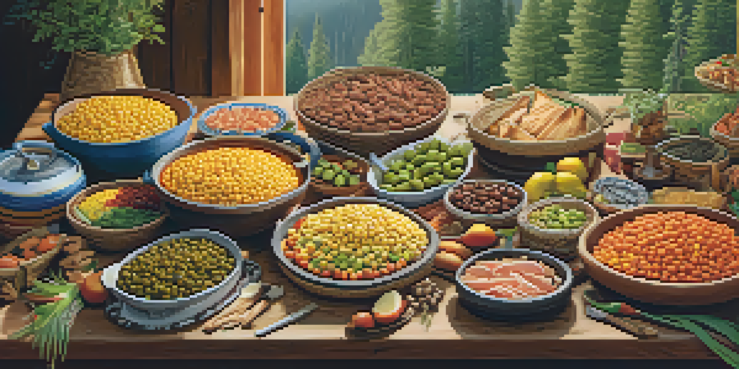 A traditional Native American feast with dishes like succotash and smoked salmon, displayed on a rustic wooden table surrounded by herbs and spices, in a sunlit forest setting.