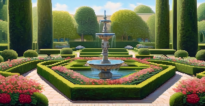 A symmetrical Renaissance garden with flower beds, hedges, and a fountain in the morning light.