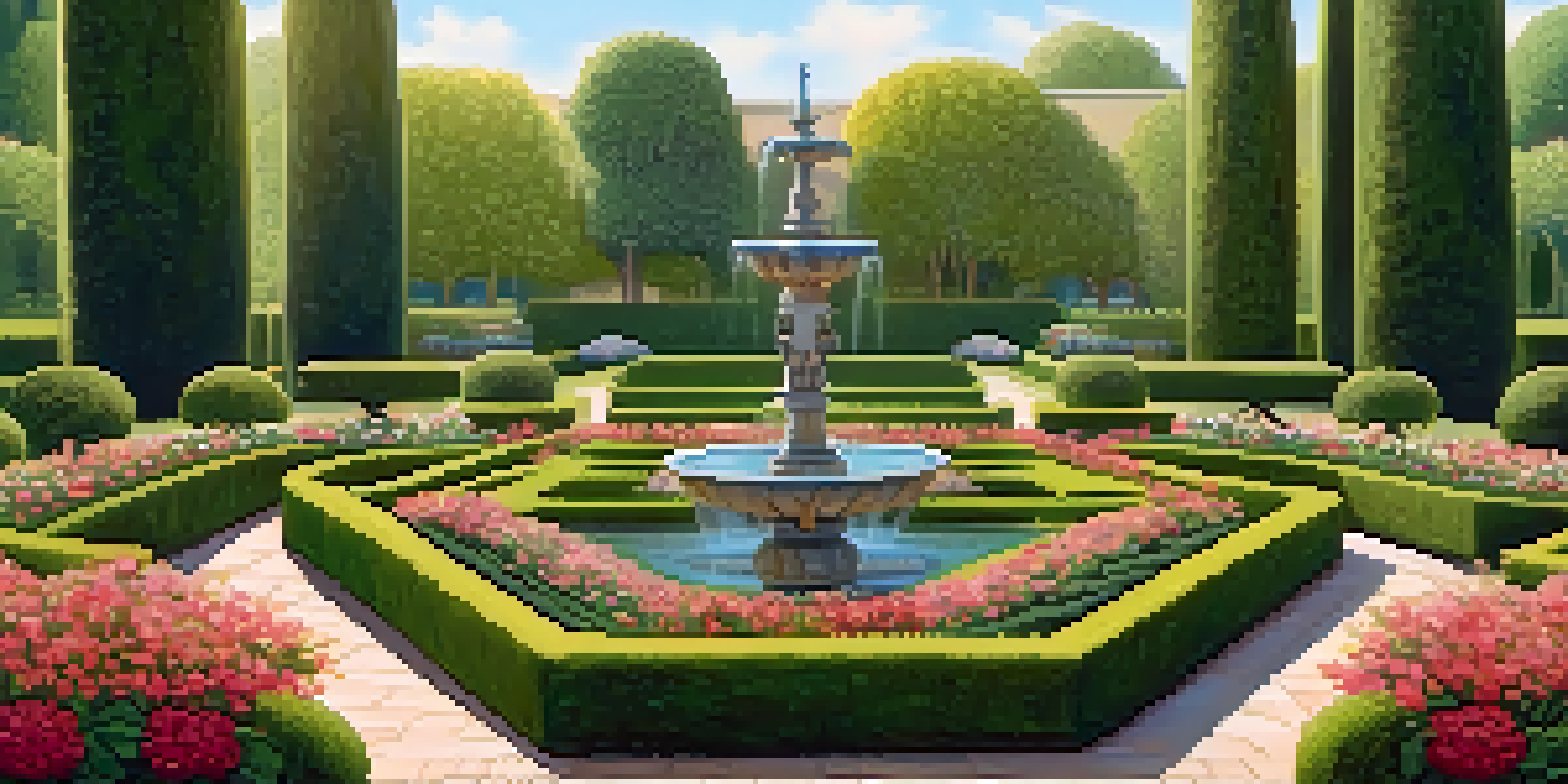 A symmetrical Renaissance garden with flower beds, hedges, and a fountain in the morning light.