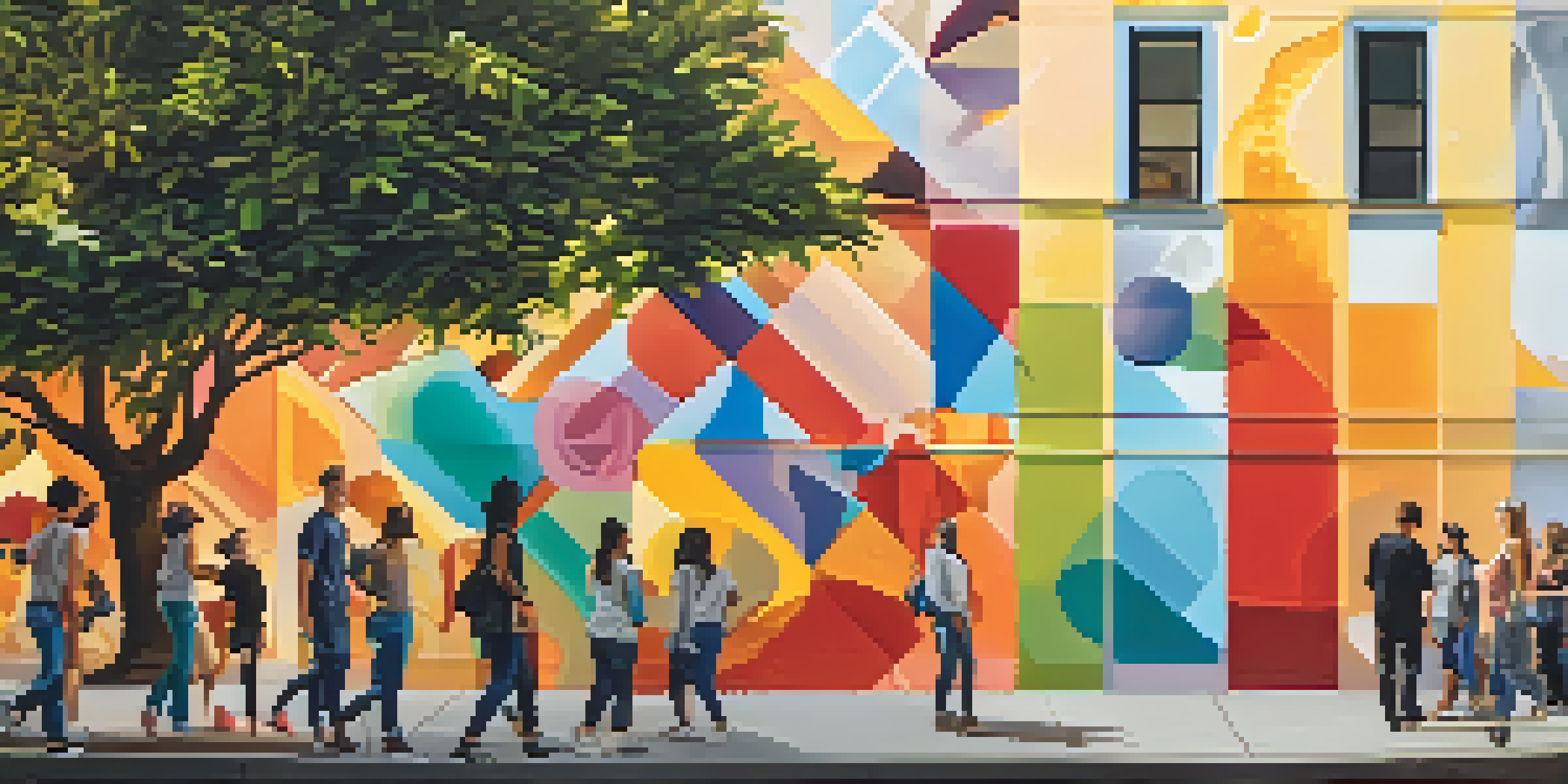 A colorful mural on a city wall with abstract designs, surrounded by people admiring the art during sunset.