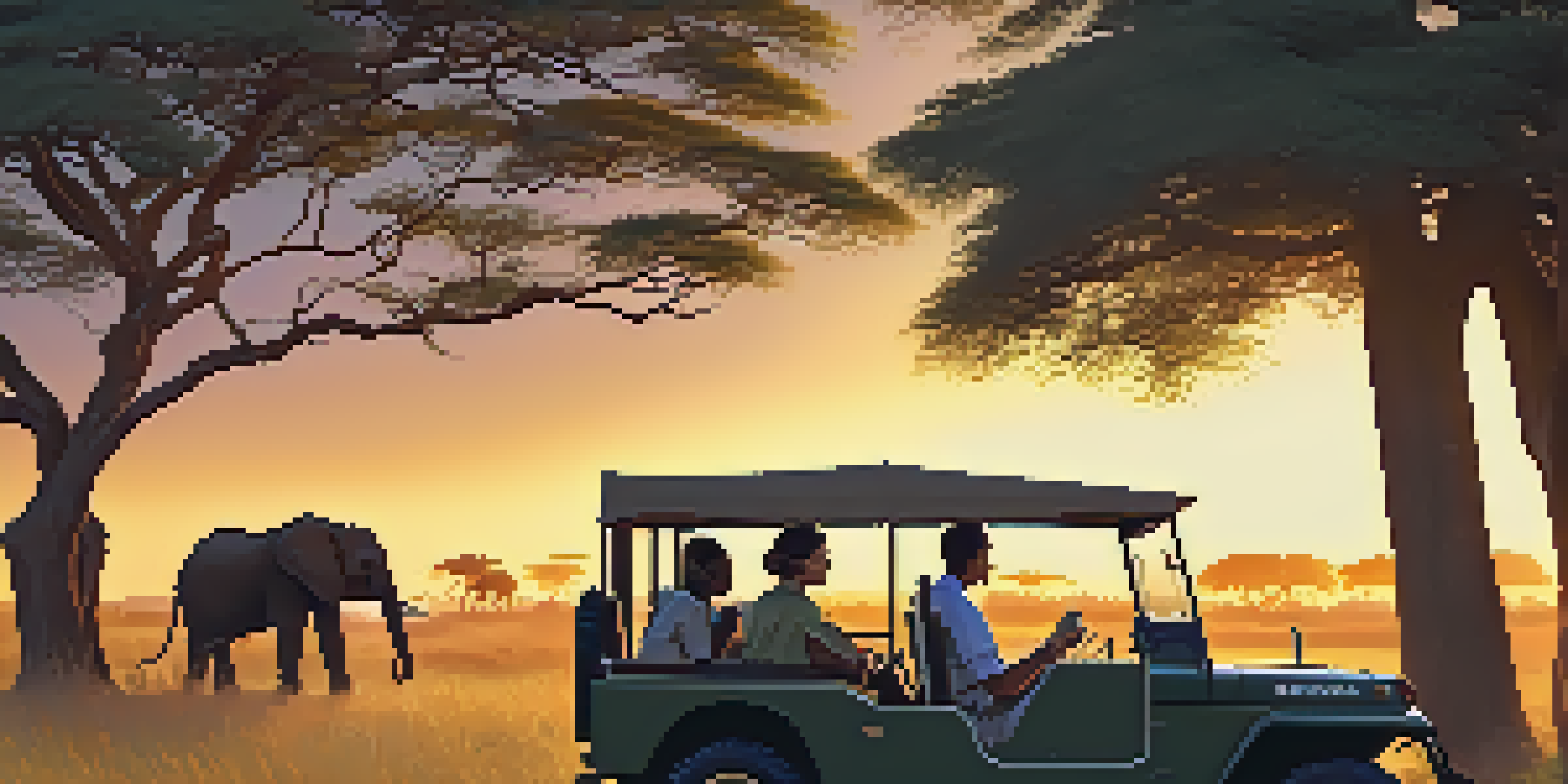 A family observing a herd of elephants during a safari, with a beautiful sunset in the background.