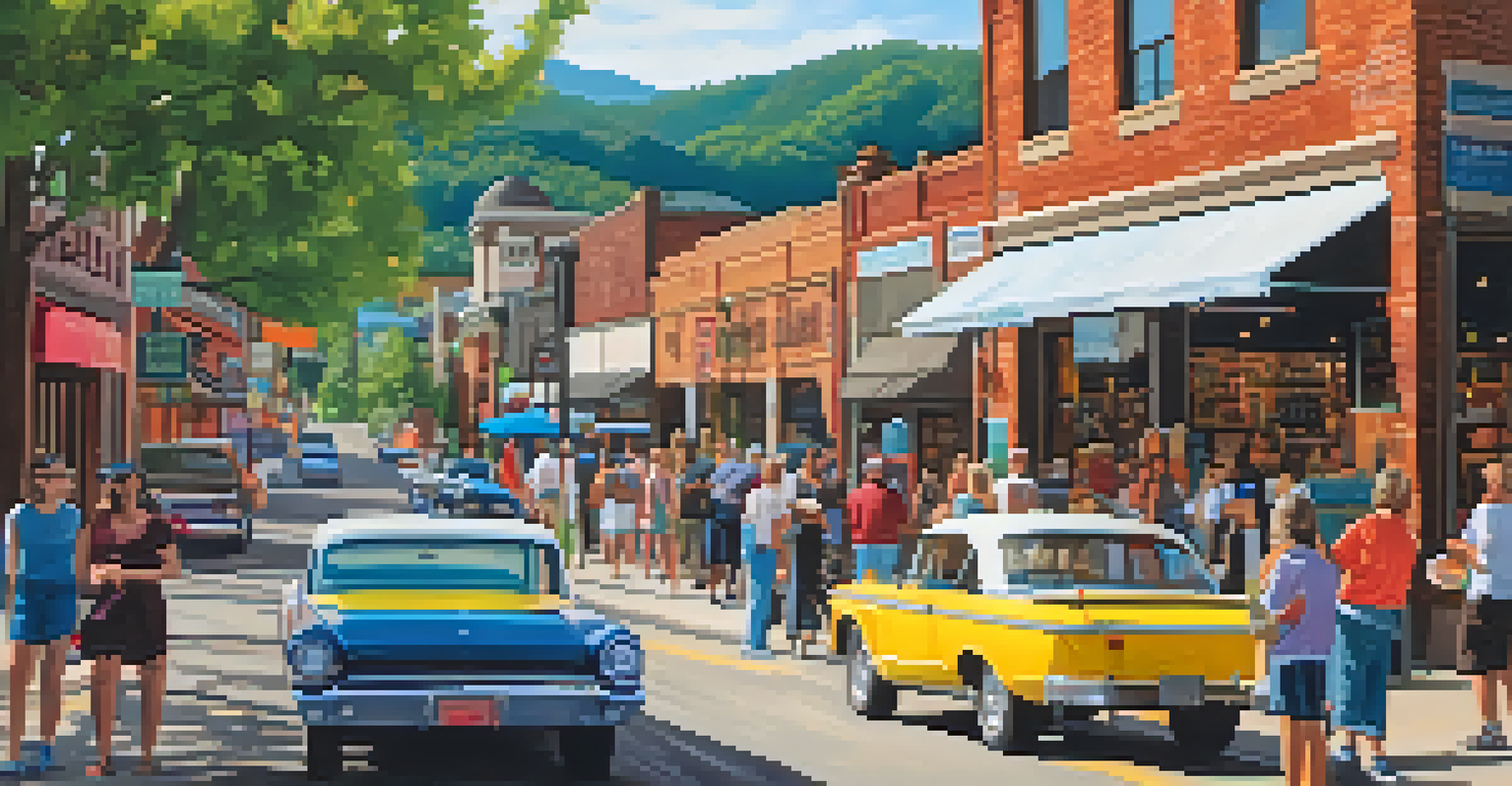 A lively street in Asheville's River Arts District with artists and colorful murals.