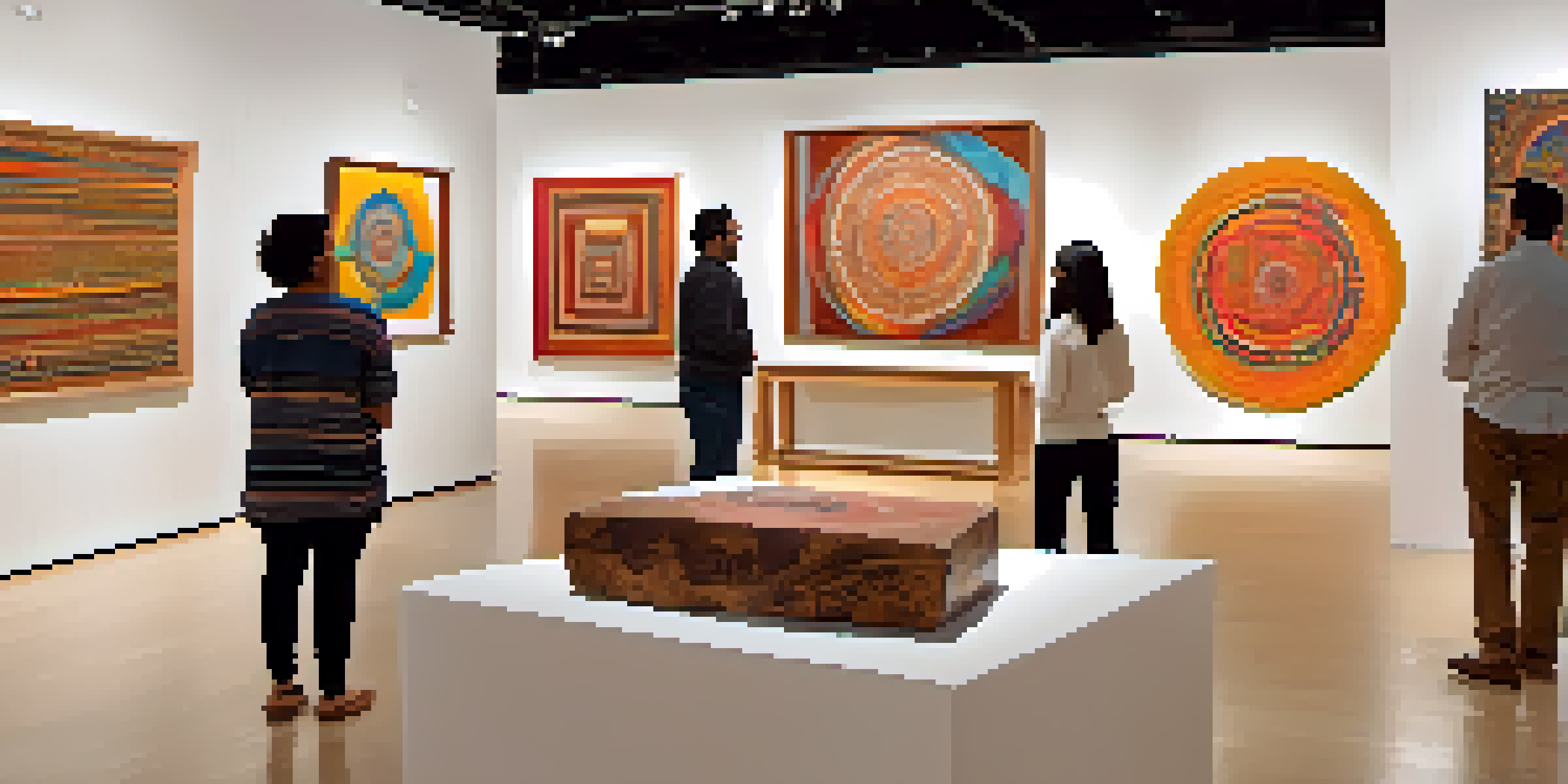 A gallery filled with colorful indigenous art, with people admiring the paintings and sculptures under warm lighting.