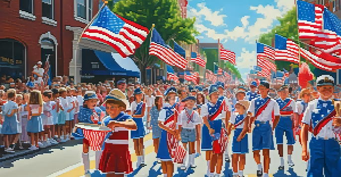 A colorful July 4th parade featuring floats and marching bands, with children waving American flags and a crowd dressed in patriotic colors.