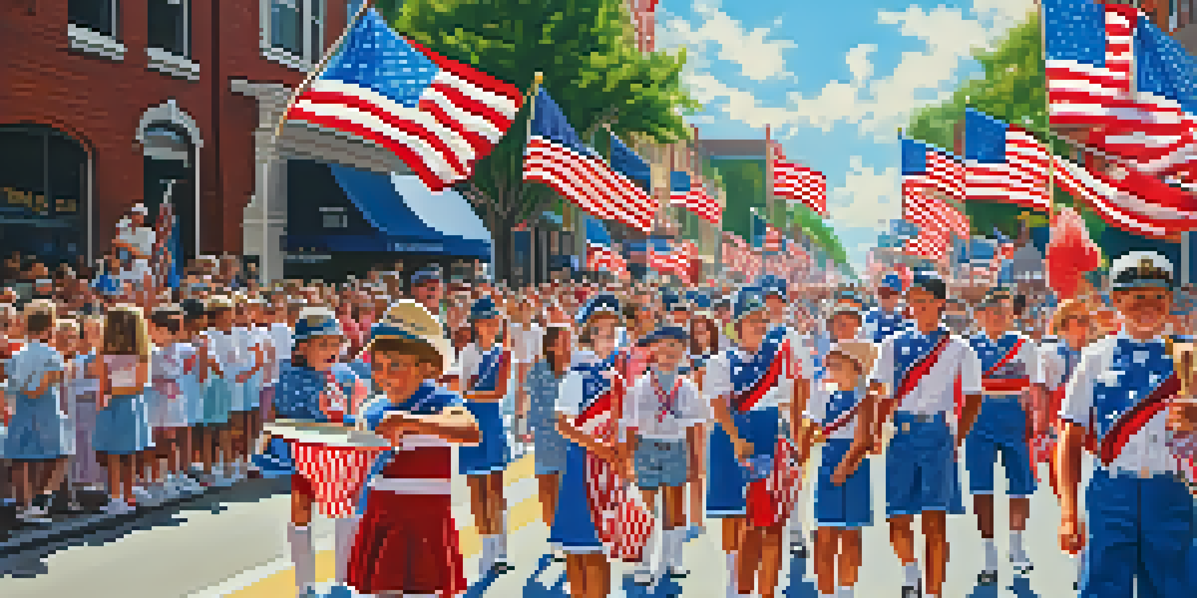 A colorful July 4th parade featuring floats and marching bands, with children waving American flags and a crowd dressed in patriotic colors.