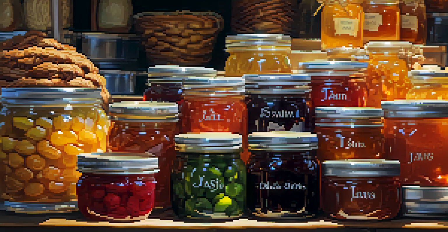 A vendor's stall with jars of homemade jams and baked goods, arranged attractively with warm lighting highlighting the colors.