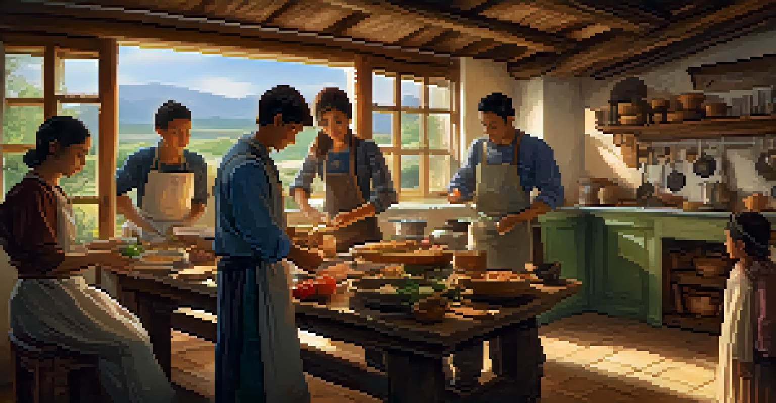 Young travelers cooking traditional recipes in a cozy kitchen, surrounded by fresh ingredients and a local family.