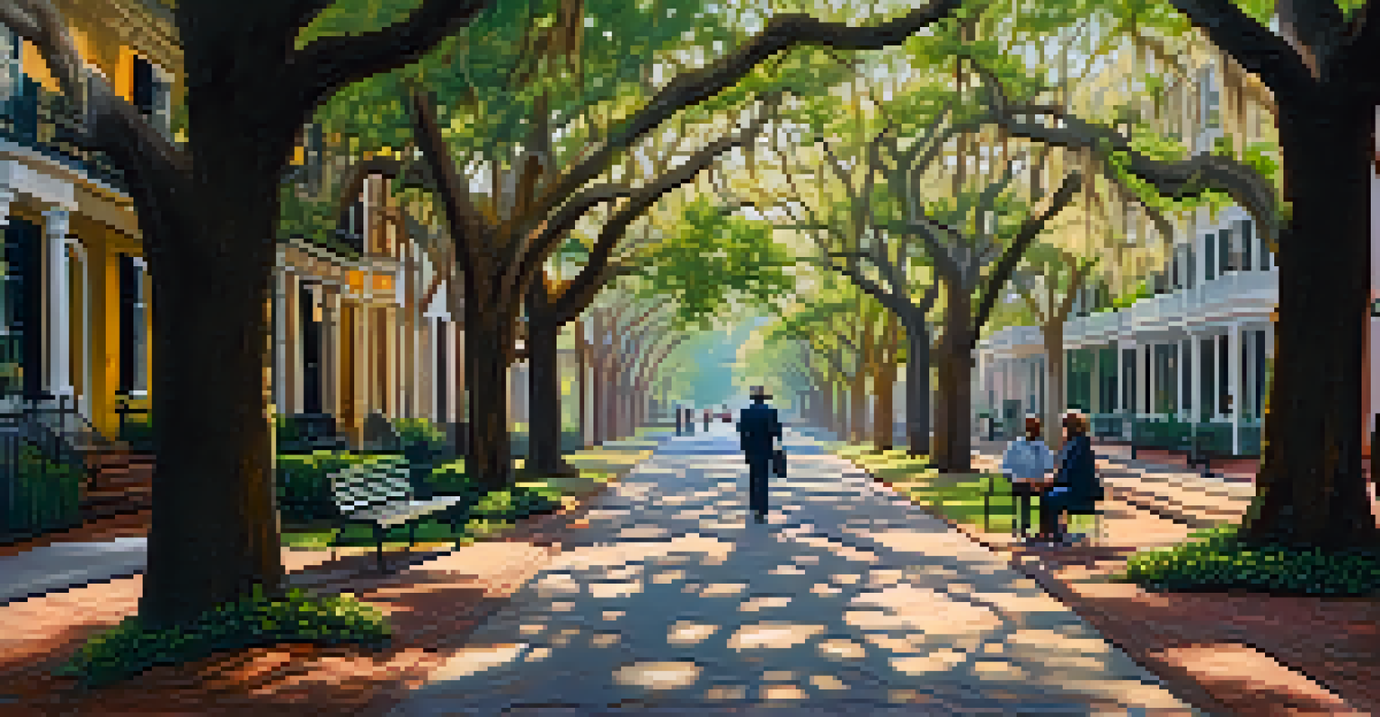 A couple walking on a cobblestone street in Savannah, Georgia, surrounded by blooming azaleas and historic buildings.