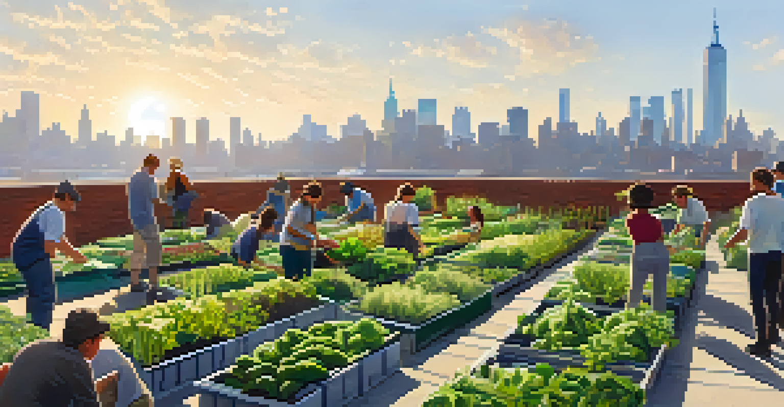 A rooftop garden in Brooklyn with rows of vegetables and people attending a gardening workshop, set against the city skyline.