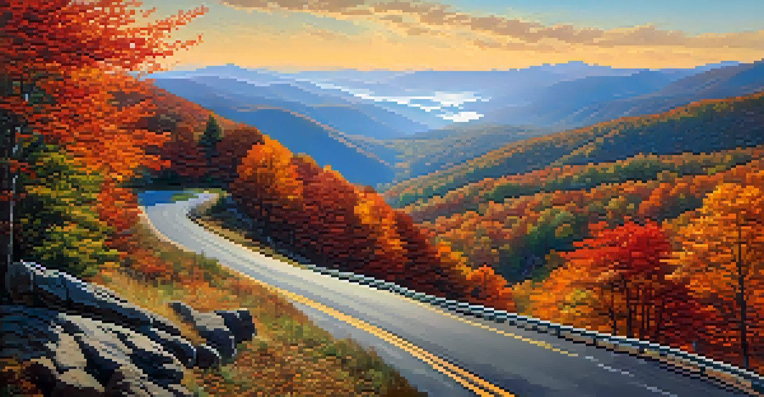 Colorful autumn foliage along the Blue Ridge Parkway with mountains and mist.