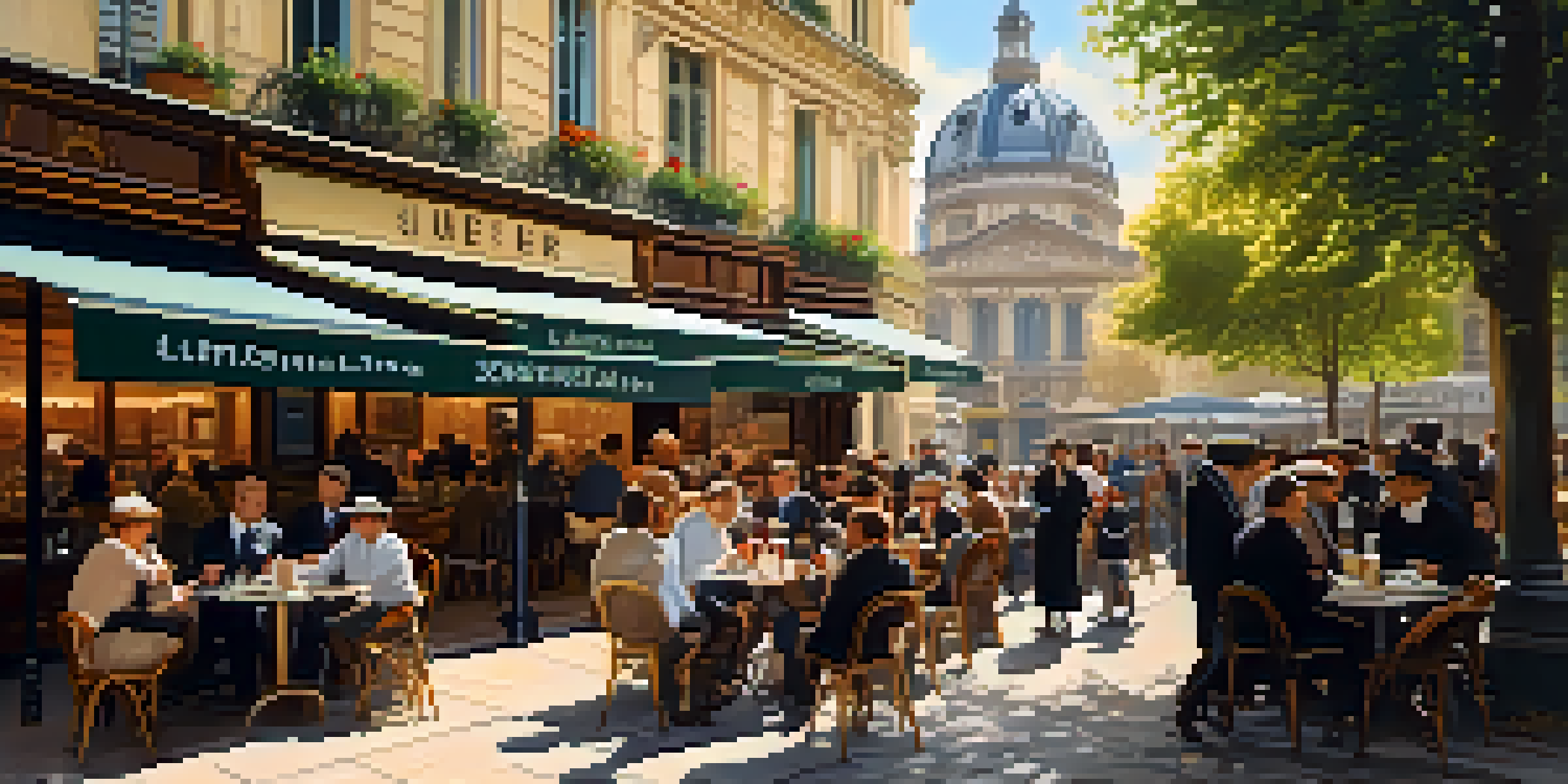 A lively café in Paris with people enjoying coffee, historic buildings in the background, and a vintage camera on the table.