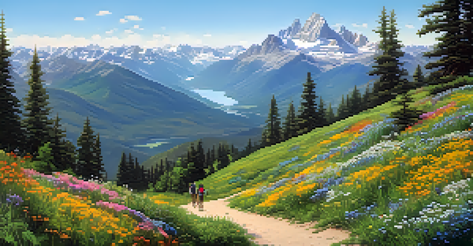 A scenic view of a national park with mountains, forests, and a family hiking on a trail.