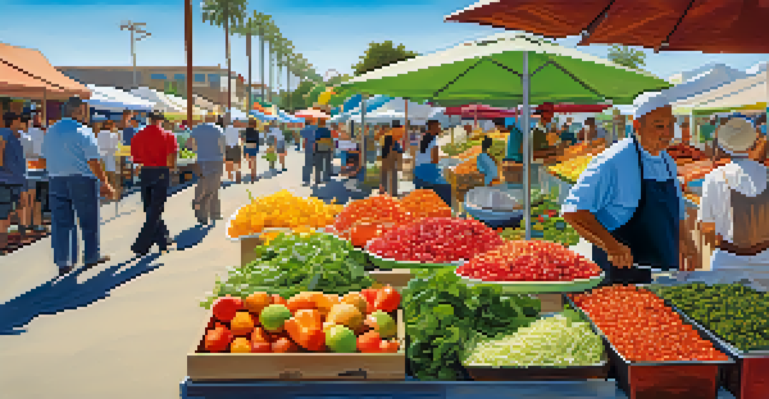 A lively California farmer's market with a chef preparing fish tacos amidst colorful fruits and vegetables.